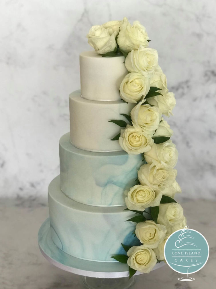 Pale blue marble ombre with fresh rose cascade